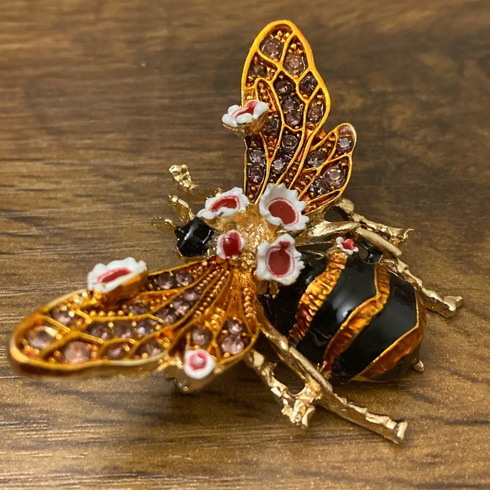 Gold-Tone Bee Brooch with Black and Orange Enamel